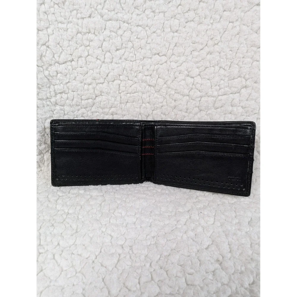Tumi Mens Black Leather Perforated Bifold Wallet Red Stitching Slim Billfold